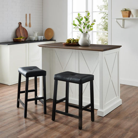 Clifton Kitchen Island W/Uph Saddle Stools Distressed White/Black - Kitchen Island & 2 Stools - Drakoi Marketplace