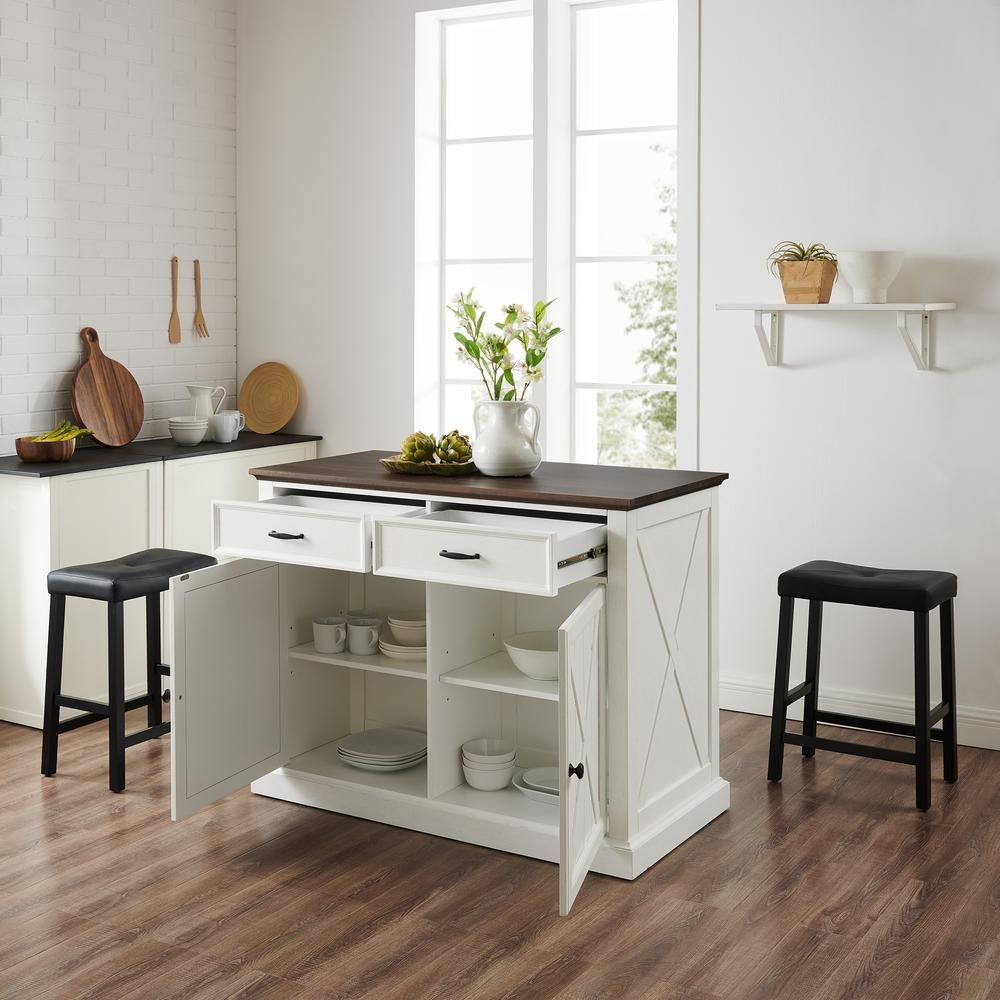 Clifton Kitchen Island W/Uph Saddle Stools Distressed White/Black - Kitchen Island & 2 Stools - Drakoi Marketplace