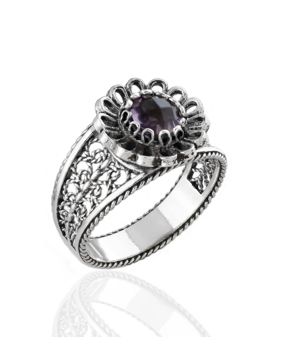 Daisy Figured Amethyst Gemstone Filigree Art Women Silver Cocktail Ring - Drakoi Marketplace