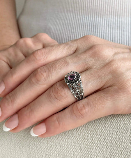 Daisy Figured Amethyst Gemstone Filigree Art Women Silver Cocktail Ring - Drakoi Marketplace