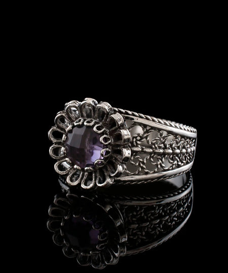 Daisy Figured Amethyst Gemstone Filigree Art Women Silver Cocktail Ring - Drakoi Marketplace