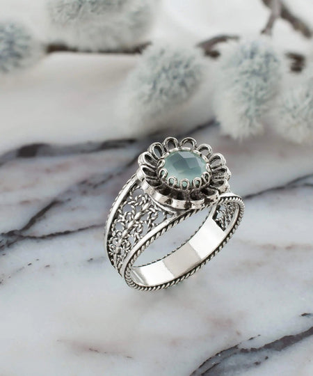 Daisy Figured Aqua Chalcedony Gemstone Filigree Art Women Silver Cocktail Ring - Drakoi Marketplace