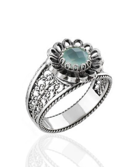 Daisy Figured Aqua Chalcedony Gemstone Filigree Art Women Silver Cocktail Ring - Drakoi Marketplace