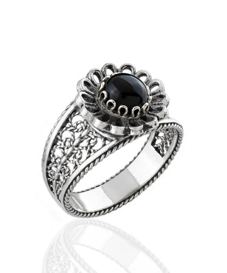 Daisy Figured Black Onyx Gemstone Filigree Art Women Silver Cocktail Ring - Drakoi Marketplace