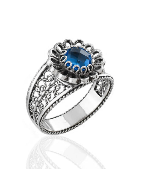 Daisy Figured Blue Quartz Gemstone Filigree Art Women Silver Cocktail Ring - Drakoi Marketplace