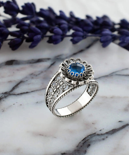 Daisy Figured Blue Quartz Gemstone Filigree Art Women Silver Cocktail Ring - Drakoi Marketplace