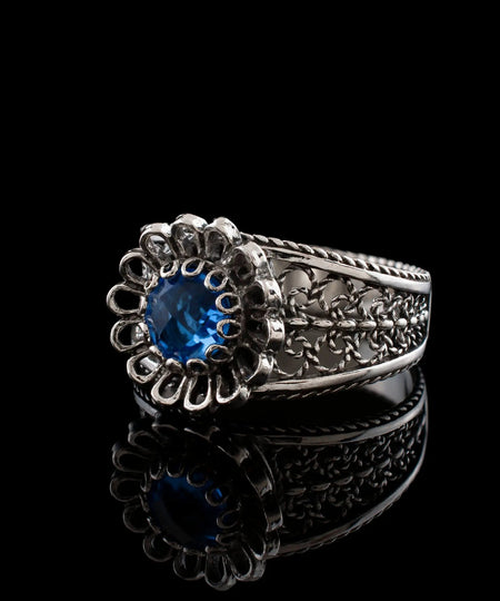 Daisy Figured Blue Quartz Gemstone Filigree Art Women Silver Cocktail Ring - Drakoi Marketplace