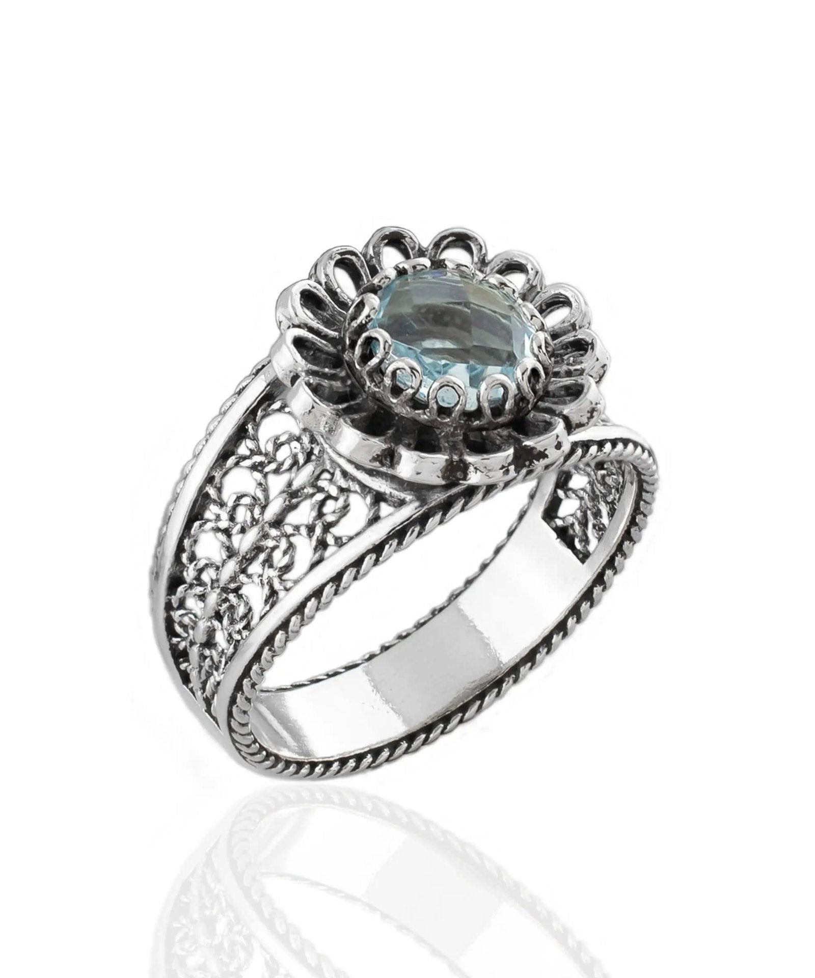 Daisy Figured Blue Topaz Gemstone Filigree Art Women Silver Cocktail Ring - Drakoi Marketplace