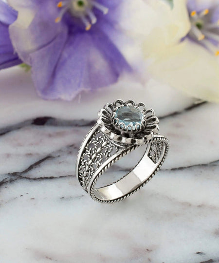 Daisy Figured Blue Topaz Gemstone Filigree Art Women Silver Cocktail Ring - Drakoi Marketplace