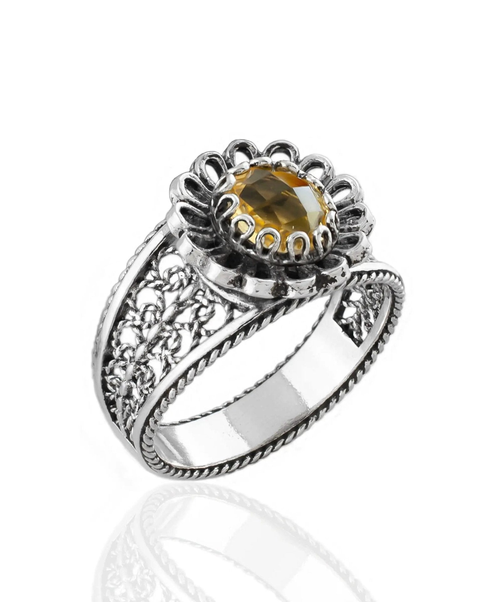 Daisy Figured Citrine Gemstone Filigree Art Women Silver Cocktail Ring - Drakoi Marketplace