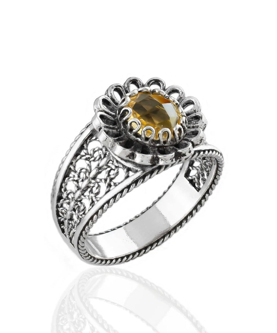 Daisy Figured Citrine Gemstone Filigree Art Women Silver Cocktail Ring - Drakoi Marketplace