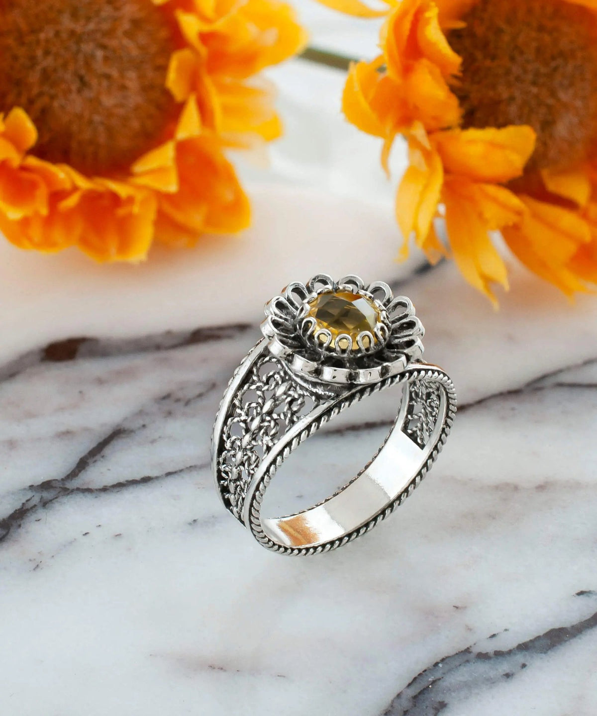 Daisy Figured Citrine Gemstone Filigree Art Women Silver Cocktail Ring - Drakoi Marketplace