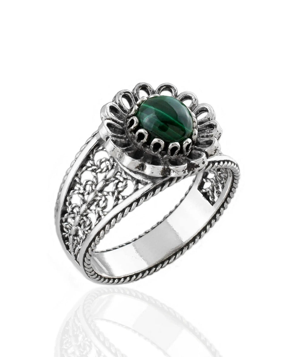 Daisy Figured Malachite Gemstone Filigree Art Women Silver Cocktail Ring - Drakoi Marketplace