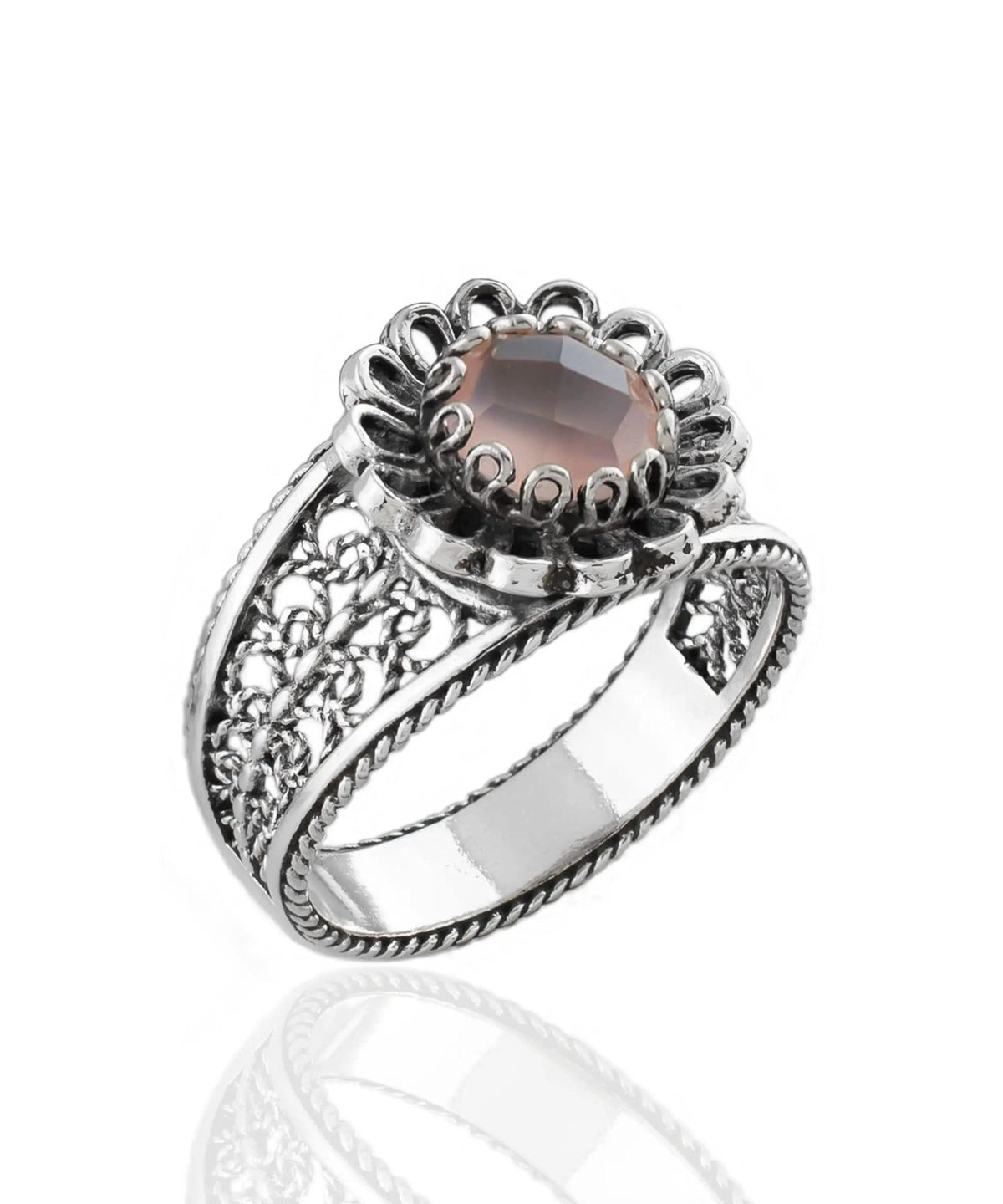 Daisy Figured Pink Chalcedony Gemstone Filigree Art Women Silver Cocktail Ring - Drakoi Marketplace