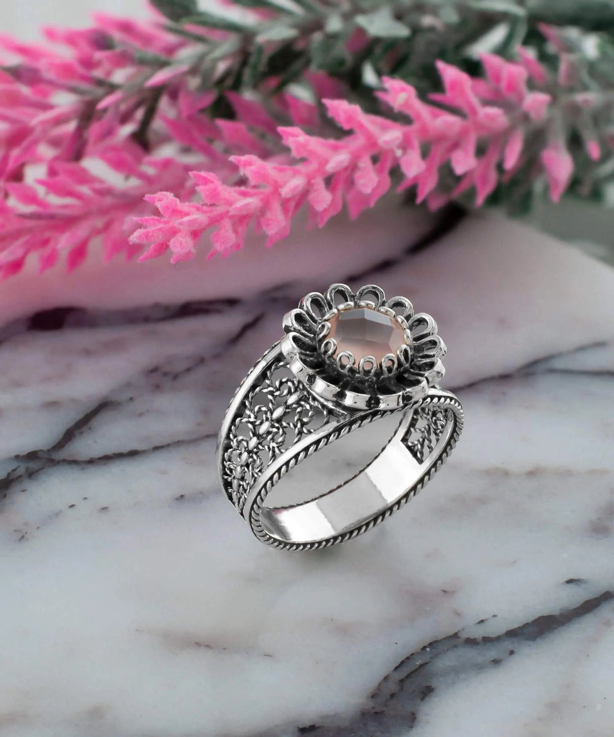 Daisy Figured Pink Chalcedony Gemstone Filigree Art Women Silver Cocktail Ring - Drakoi Marketplace