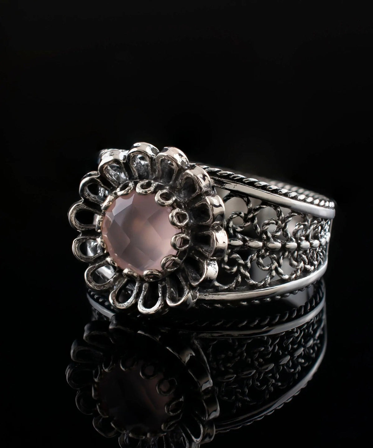 Daisy Figured Pink Chalcedony Gemstone Filigree Art Women Silver Cocktail Ring - Drakoi Marketplace