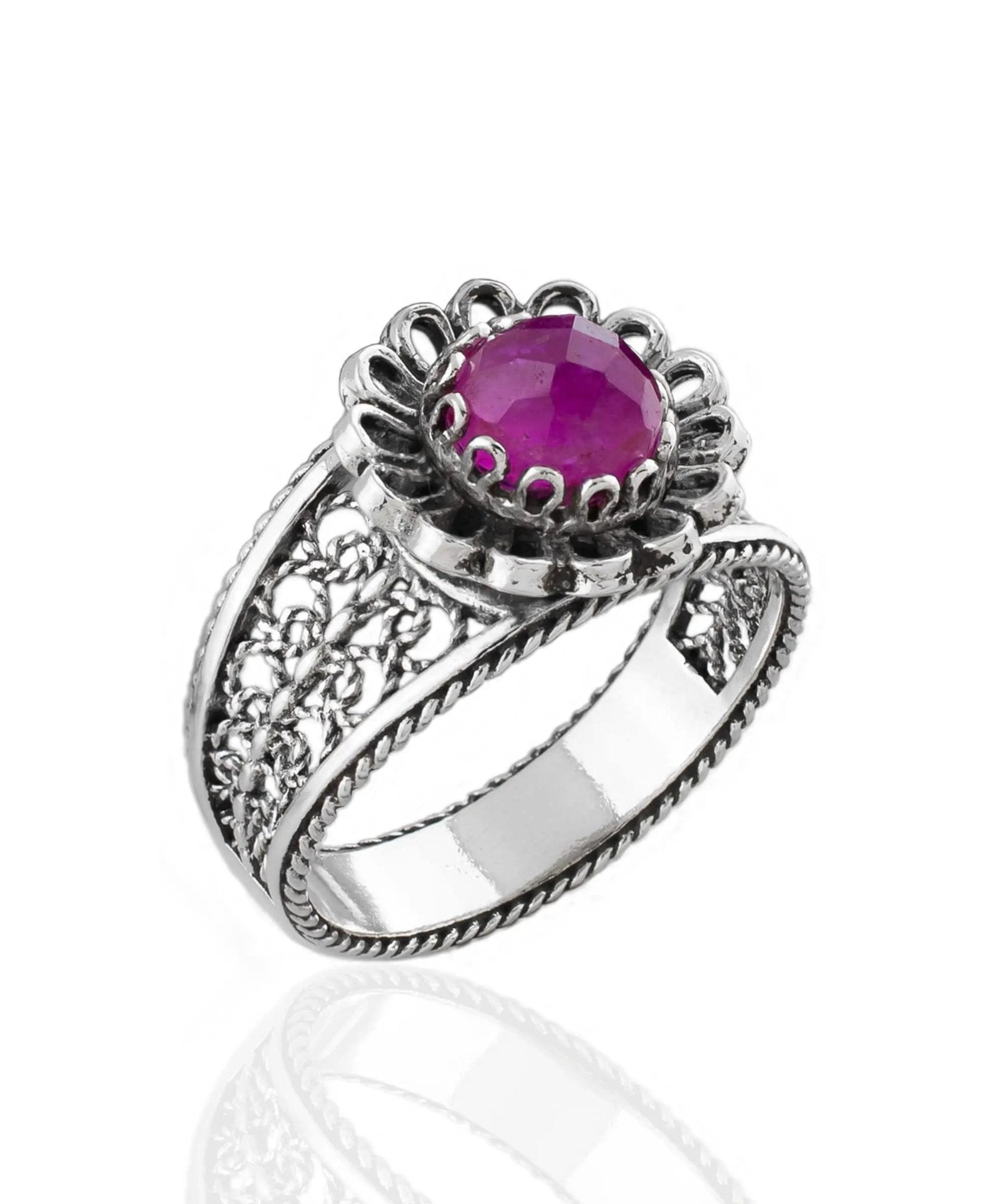 Daisy Figured Ruby Corundum Gemstone Filigree Art Women Silver Cocktail Ring - Drakoi Marketplace