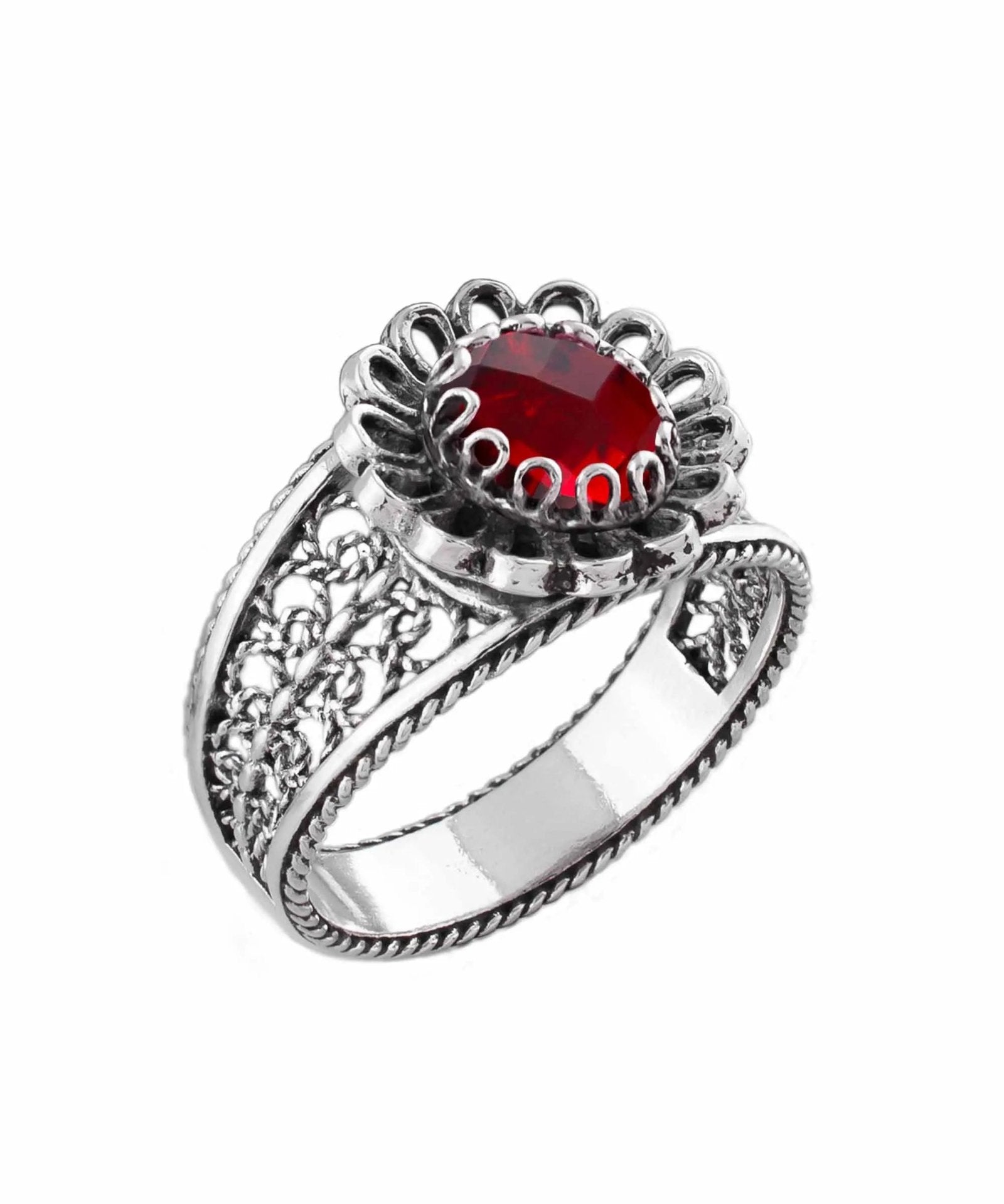 Daisy Figured Ruby Gemstone Filigree Art Women Silver Cocktail Ring - Drakoi Marketplace