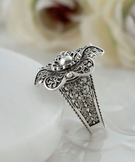 Daisy Flower Filigree Art Women Sterling Silver Statement Ring - Drakoi Marketplace