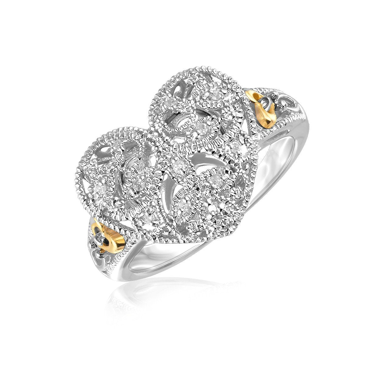 Designer Sterling Silver and 14k Yellow Gold Filigree Heart Ring with Diamonds - Drakoi Marketplace