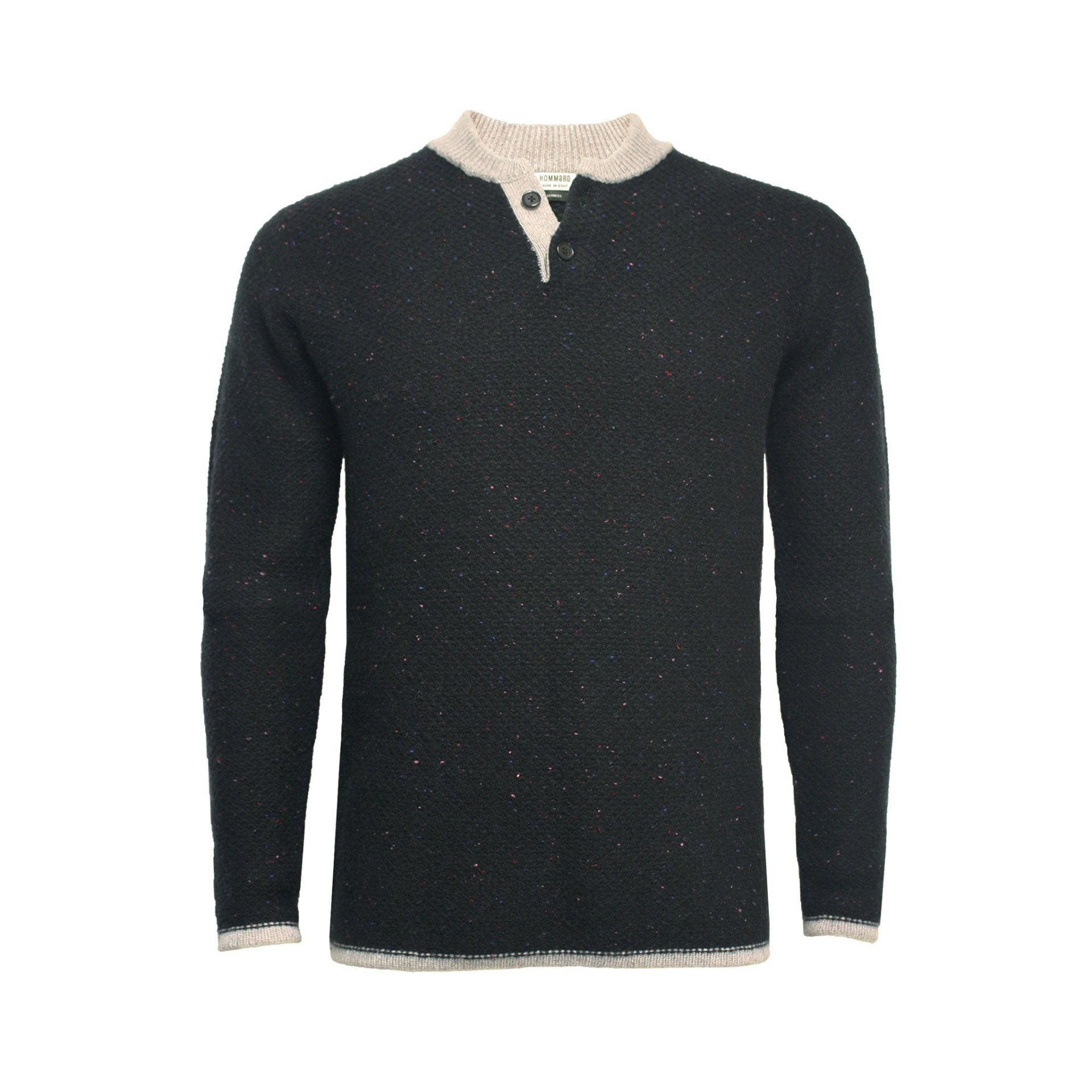 Donegal Black Cashmere 2 button Sweater in heavy seed stitch knit Vence - Drakoi Marketplace