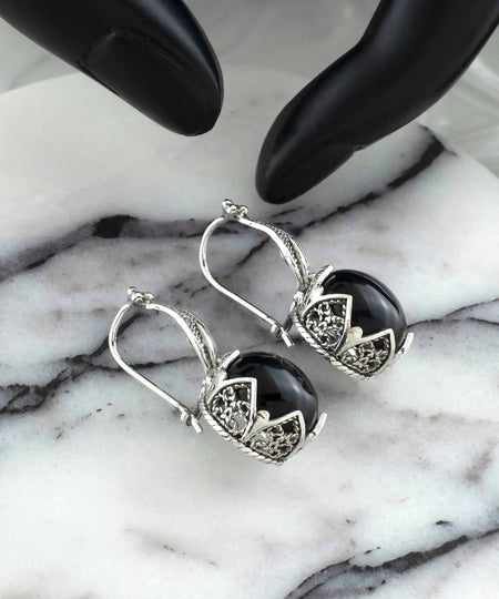 Elegant Filigree Leaf Pattern Black Onyx Gemstone Sterling Silver Woman Drop Earrings - Drakoi Marketplace