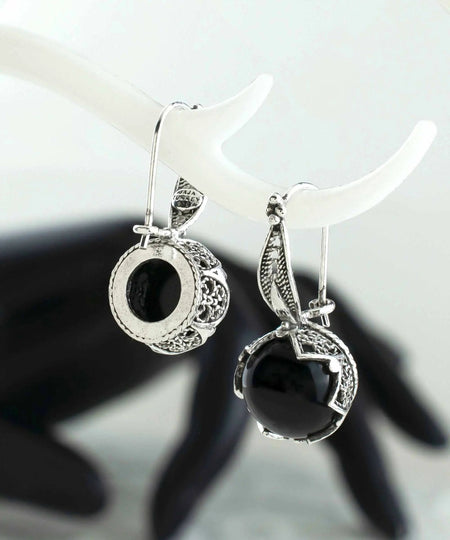 Elegant Filigree Leaf Pattern Black Onyx Gemstone Sterling Silver Woman Drop Earrings - Drakoi Marketplace