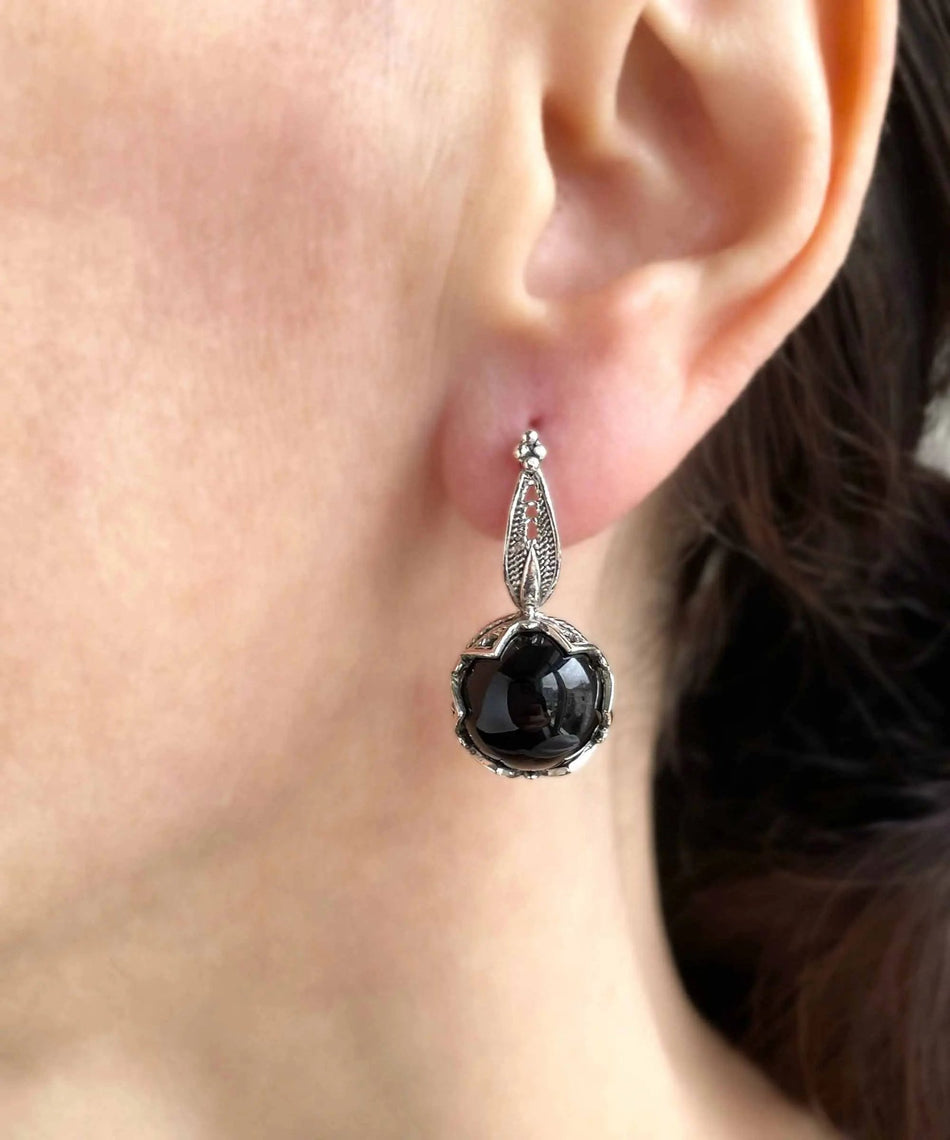 Elegant Filigree Leaf Pattern Black Onyx Gemstone Sterling Silver Woman Drop Earrings - Drakoi Marketplace