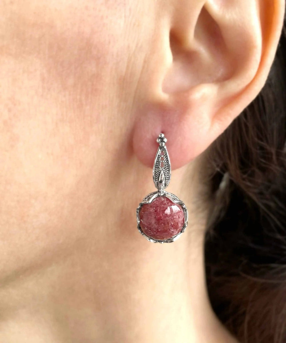 Elegant Filigree Rhodonite Sterling Silver Woman Drop Earrings - Drakoi Marketplace