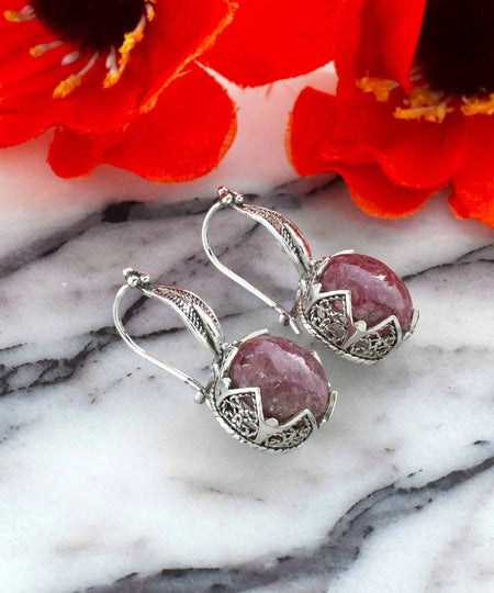 Elegant Filigree Rhodonite Sterling Silver Woman Drop Earrings - Drakoi Marketplace