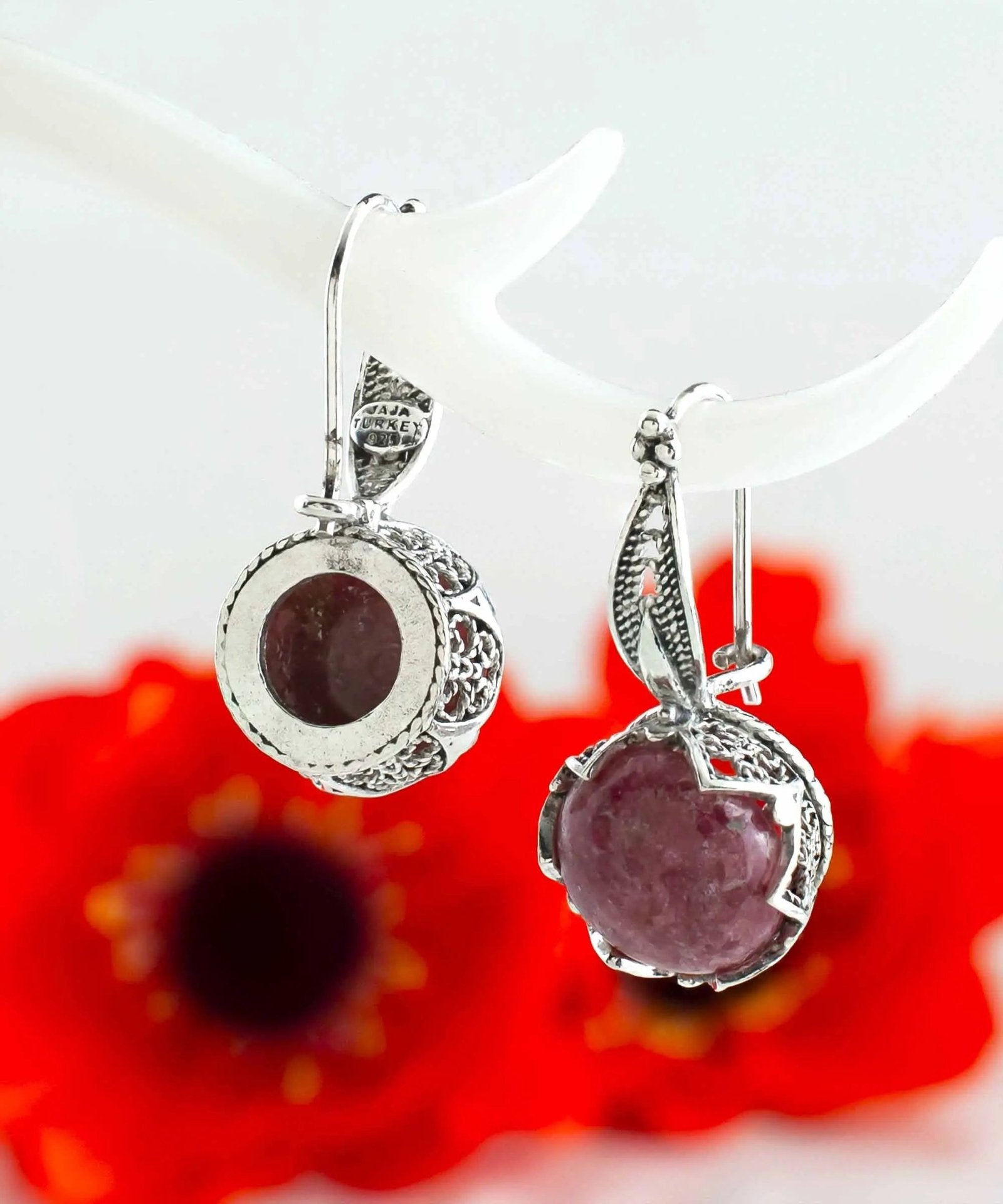 Elegant Filigree Rhodonite Sterling Silver Woman Drop Earrings - Drakoi Marketplace