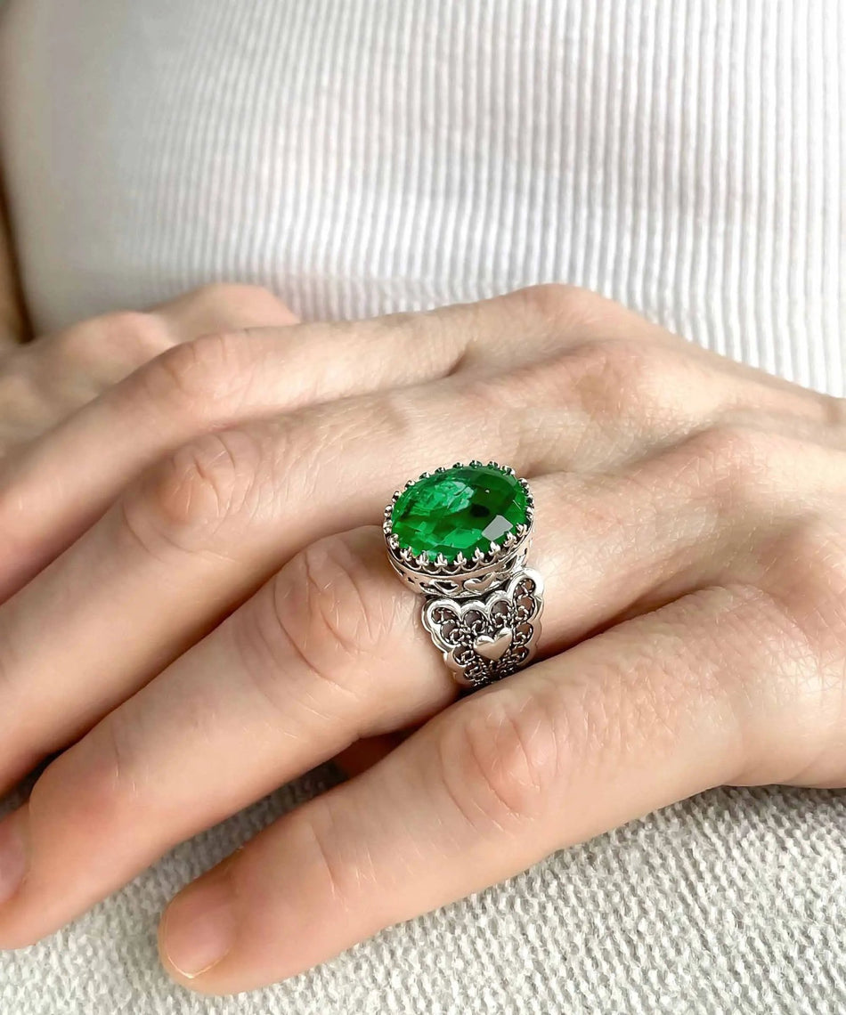 Emerald Gemstone Double Heart Detailed Filigree Art 925 Sterling Silver Women Statement Ring - Drakoi Marketplace