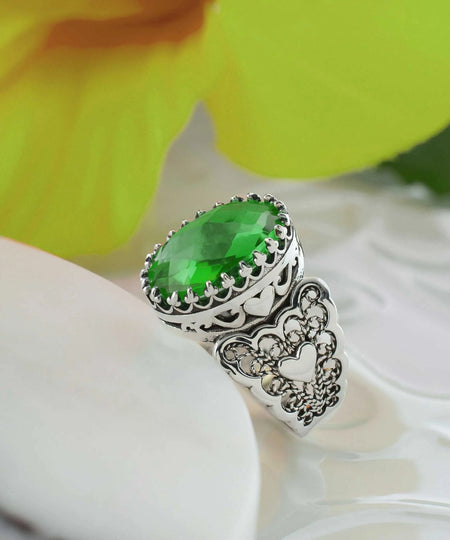 Emerald Gemstone Double Heart Detailed Filigree Art 925 Sterling Silver Women Statement Ring - Drakoi Marketplace