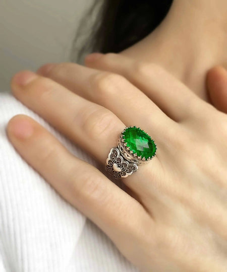 Emerald Gemstone Double Heart Detailed Filigree Art 925 Sterling Silver Women Statement Ring - Drakoi Marketplace