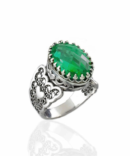 Emerald Gemstone Double Heart Detailed Filigree Art 925 Sterling Silver Women Statement Ring - Drakoi Marketplace