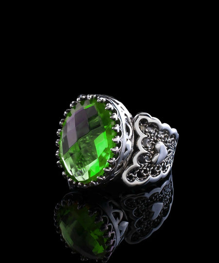 Emerald Gemstone Double Heart Detailed Filigree Art 925 Sterling Silver Women Statement Ring - Drakoi Marketplace