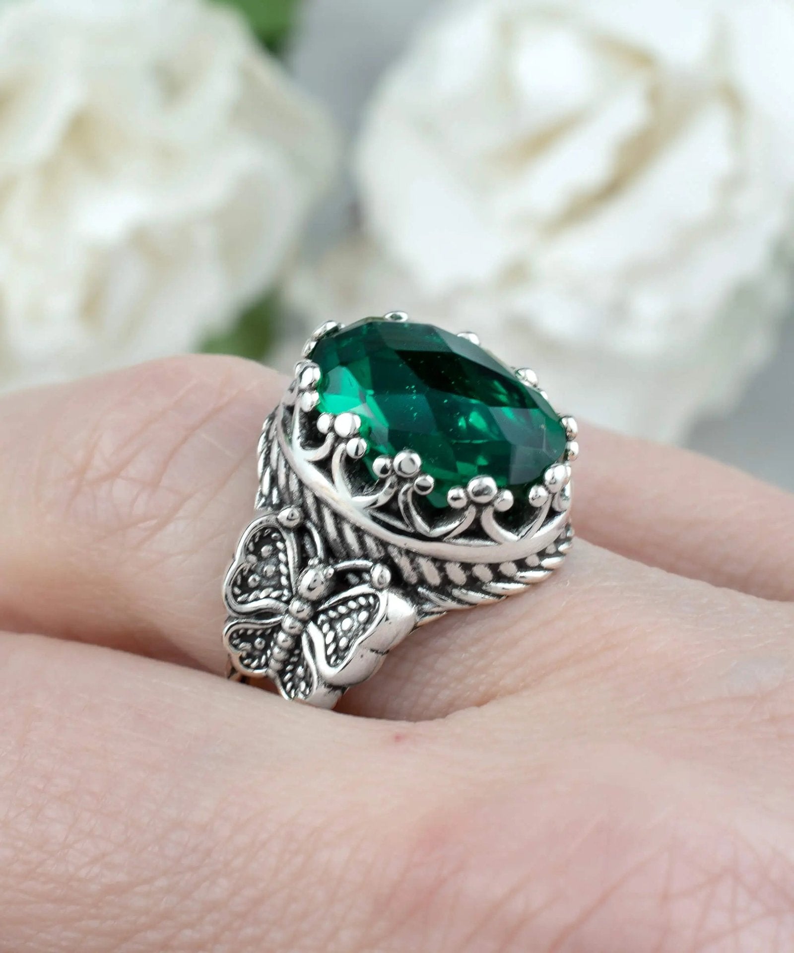 Emerald Gemstone Filigree Art Double Butterfly Detailed Women Silver Statement Ring - Drakoi Marketplace