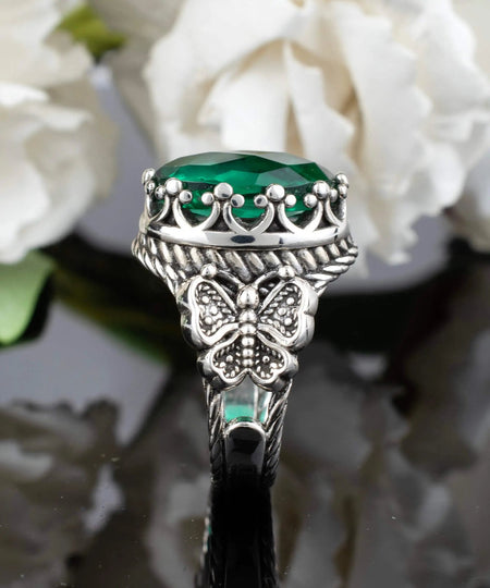 Emerald Gemstone Filigree Art Double Butterfly Detailed Women Silver Statement Ring - Drakoi Marketplace