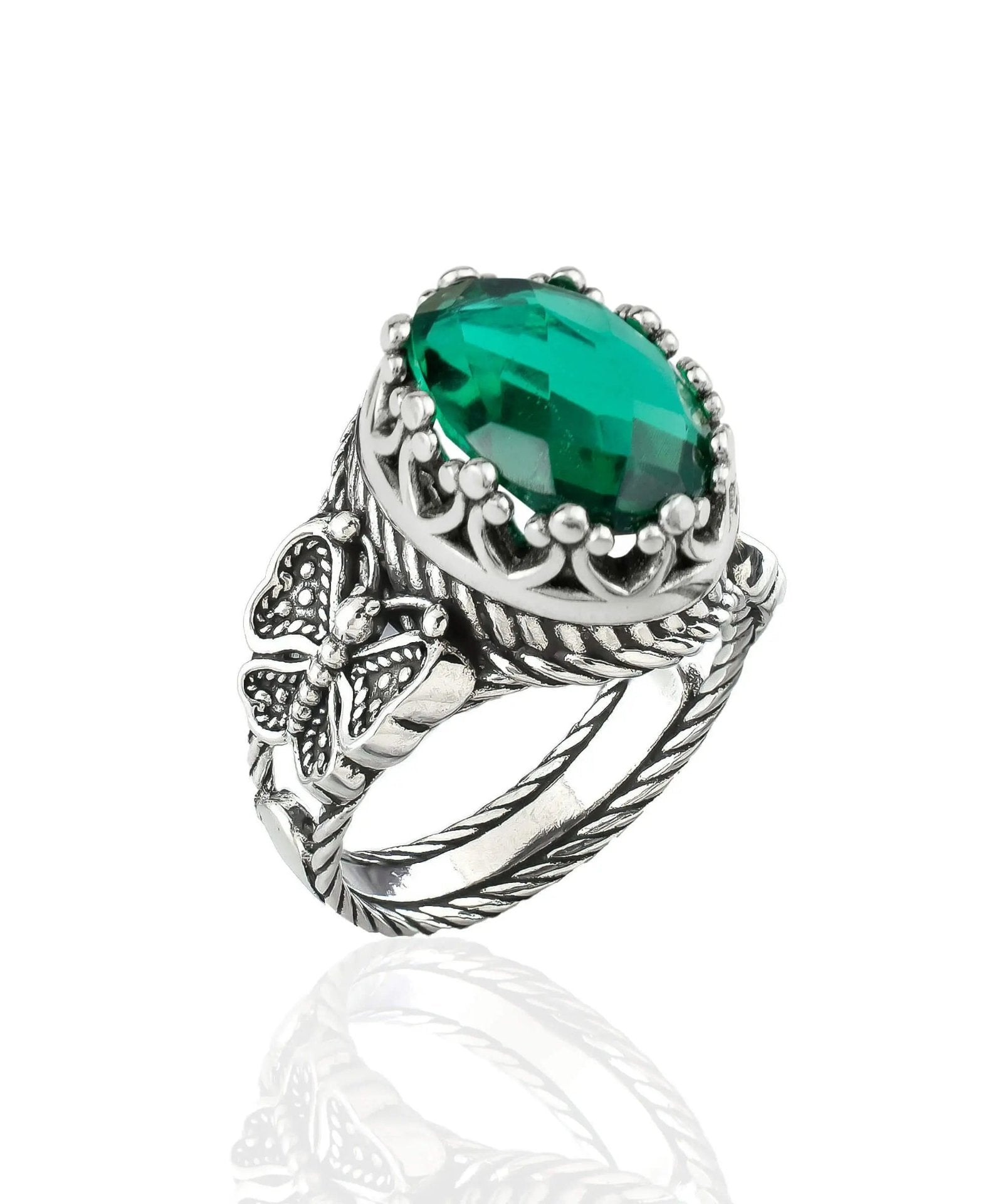 Emerald Gemstone Filigree Art Double Butterfly Detailed Women Silver Statement Ring - Drakoi Marketplace