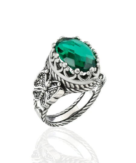 Emerald Gemstone Filigree Art Double Butterfly Detailed Women Silver Statement Ring - Drakoi Marketplace