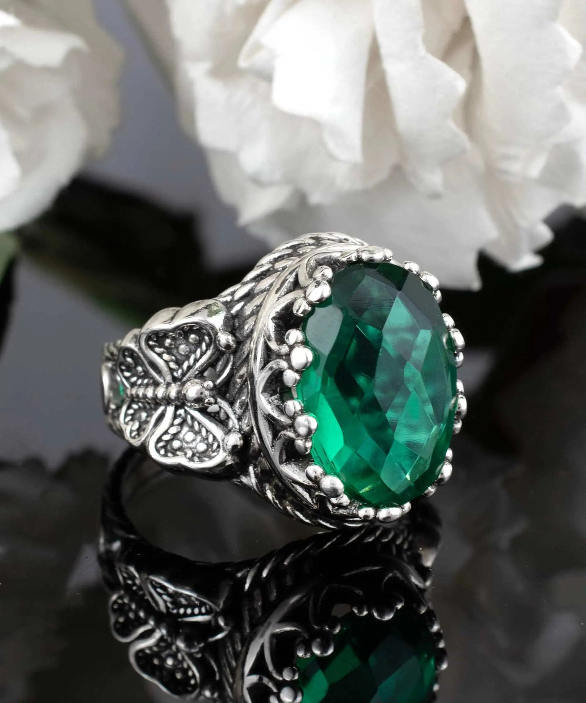 Emerald Gemstone Filigree Art Double Butterfly Detailed Women Silver Statement Ring - Drakoi Marketplace