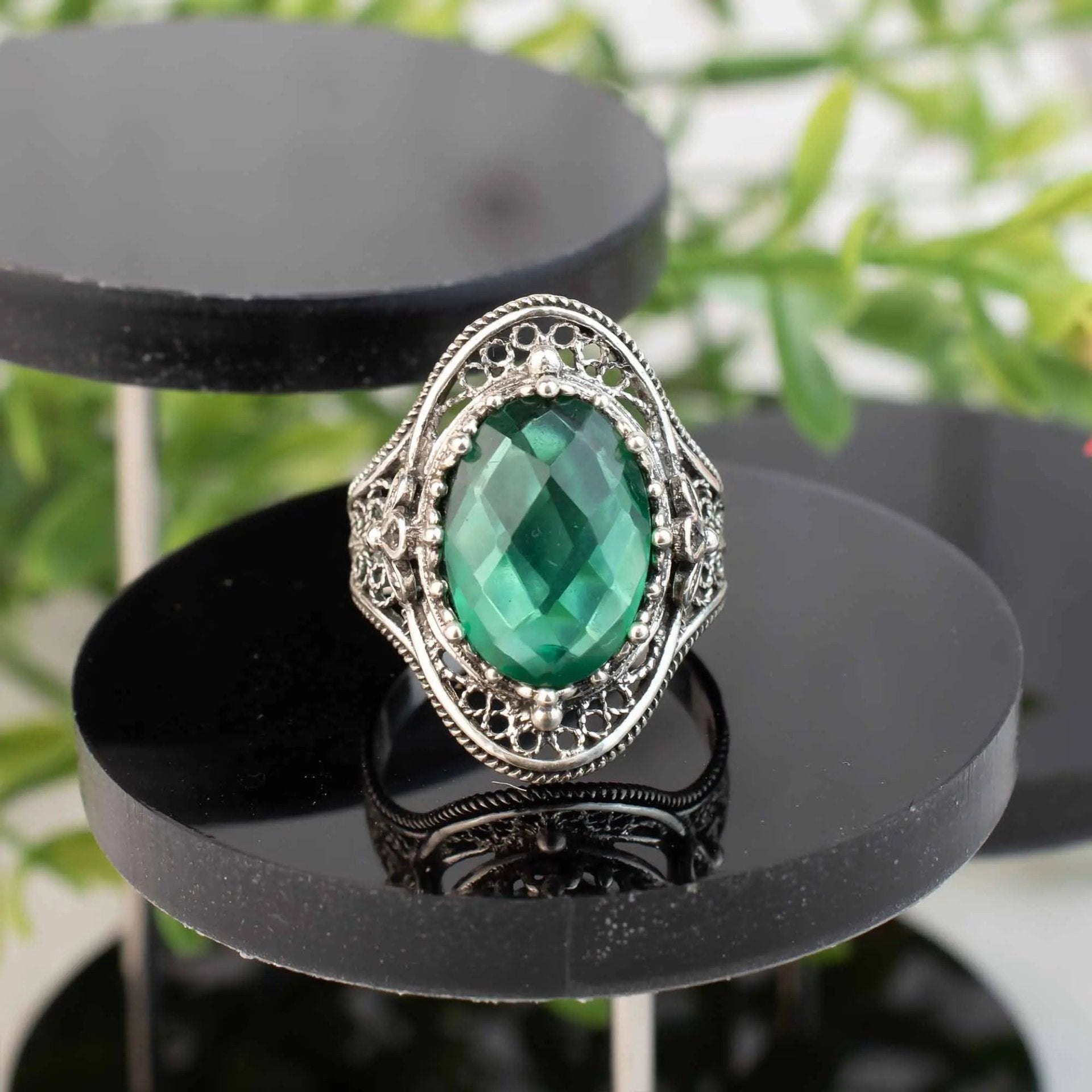 Emerald Gemstone Filigree Art Woman Silver Statement Ring - Drakoi Marketplace