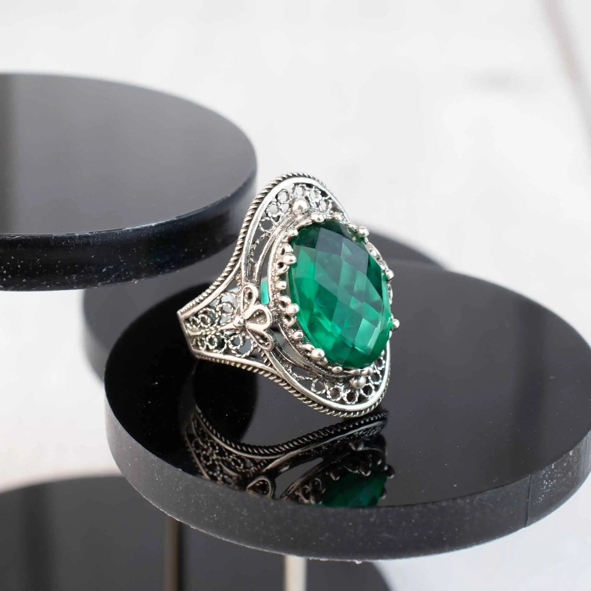 Emerald Gemstone Filigree Art Woman Silver Statement Ring - Drakoi Marketplace