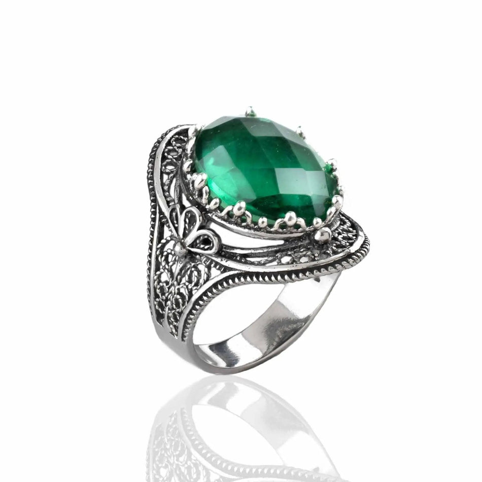 Emerald Gemstone Filigree Art Woman Silver Statement Ring - Drakoi Marketplace