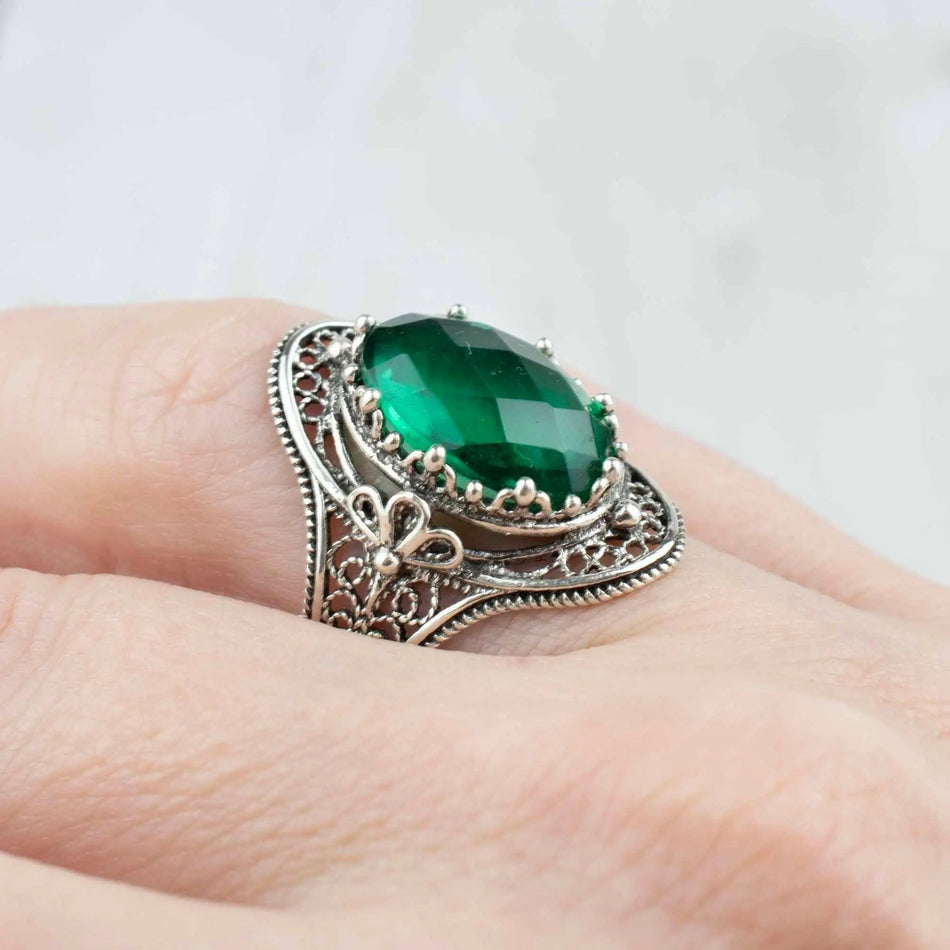 Emerald Gemstone Filigree Art Woman Silver Statement Ring - Drakoi Marketplace