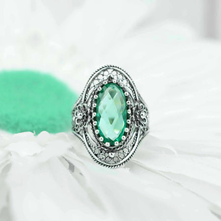 Emerald Gemstone Sterling Silver Women Statement Ring with Daisy Figures - Drakoi Marketplace