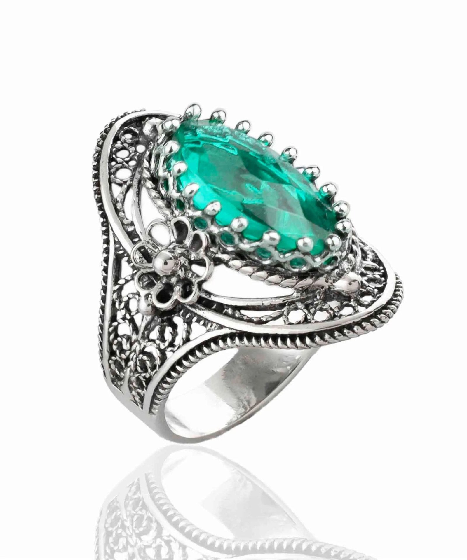 Emerald Gemstone Sterling Silver Women Statement Ring with Daisy Figures - Drakoi Marketplace