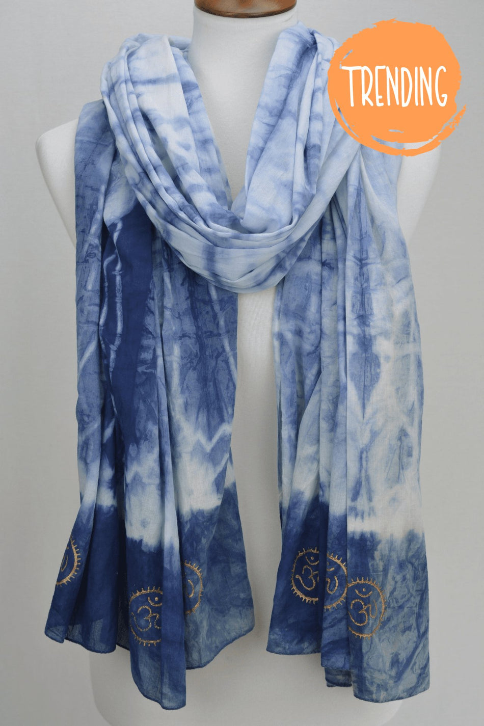 Eternity Indigo Cotton Scarf with golden OM symbol - Drakoi Marketplace