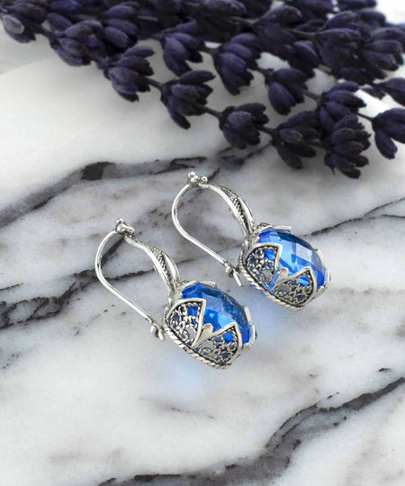 Exquisite Filigree Flower Design Blue Quartz Sterling Silver Dangle Earrings - Drakoi Marketplace