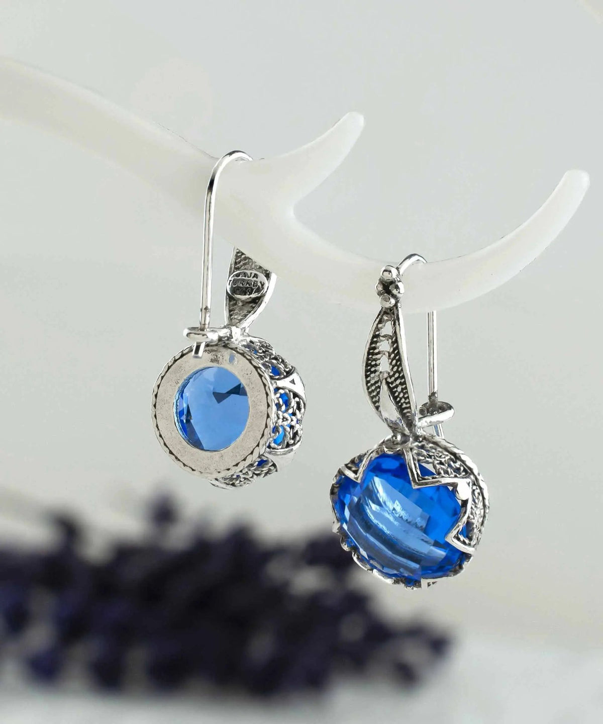 Exquisite Filigree Flower Design Blue Quartz Sterling Silver Dangle Earrings - Drakoi Marketplace